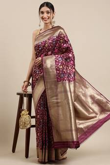 Wine Woven Silk Blend Saree With Blouse