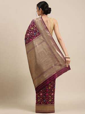 Wine Woven silk blend Saree With Blouse 2