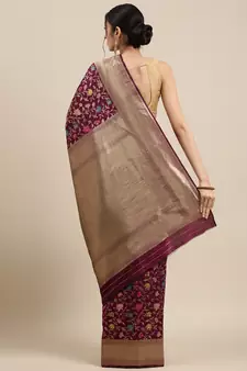 Wine Woven silk blend Saree With Blouse