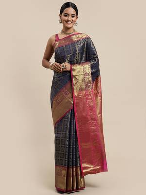 Navy Blue Woven silk blend Saree With Blouse 1