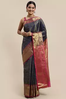 Navy Blue Woven Silk Blend Saree With Blouse