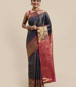 Navy Blue Woven Silk Blend Saree With Blouse