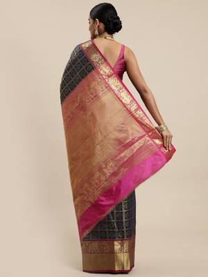 Navy Blue Woven silk blend Saree With Blouse 2
