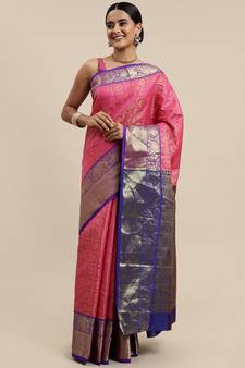 Rani Pink Woven Silk Blend Saree With Blouse