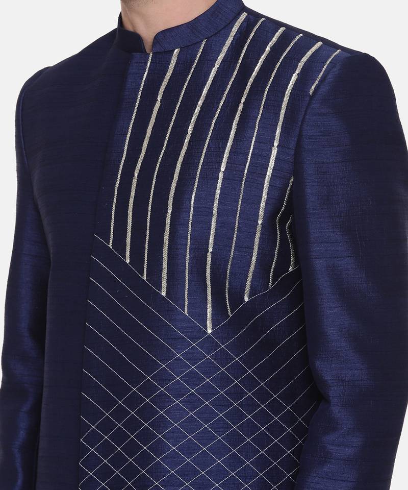 Navy Blue Silk Sherwani