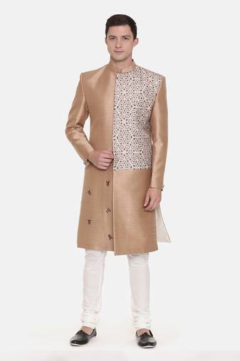 Gold Silk Printed Sherwani