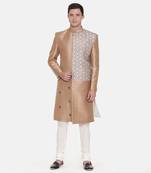 Gold Silk Printed Sherwani
