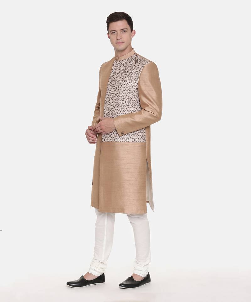 Gold Silk Printed Sherwani