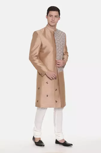 Gold Silk Printed Sherwani