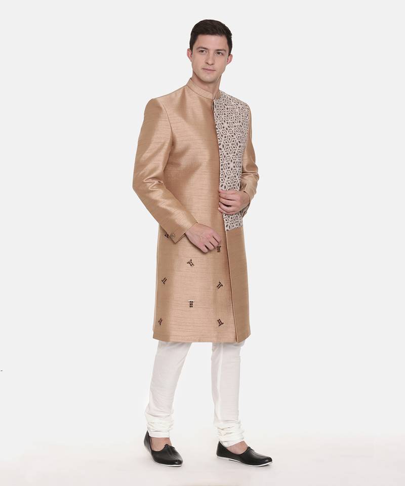 Gold Silk Printed Sherwani