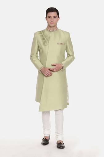 Pista Green Silk Pleated Sherwani