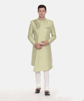 Pista Green Silk Pleated Sherwani 1