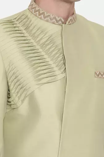 Pista Green Silk Pleated Sherwani