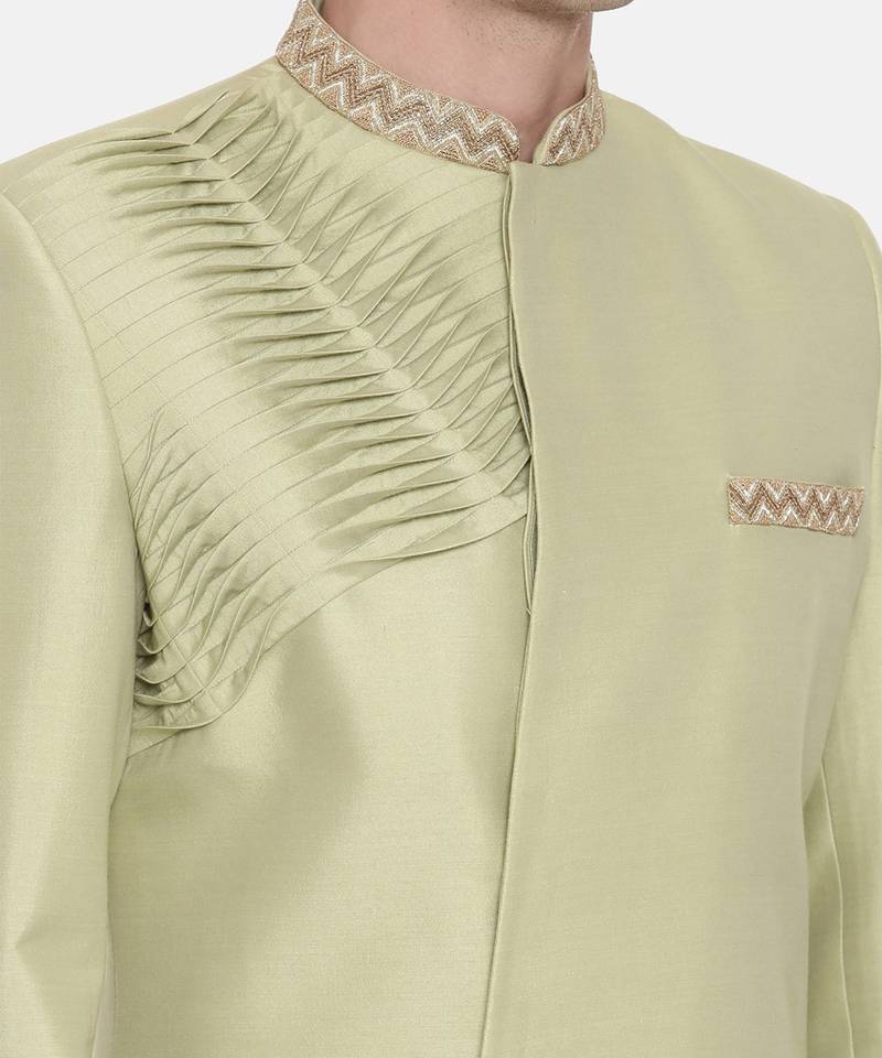 Pista Green Silk Pleated Sherwani