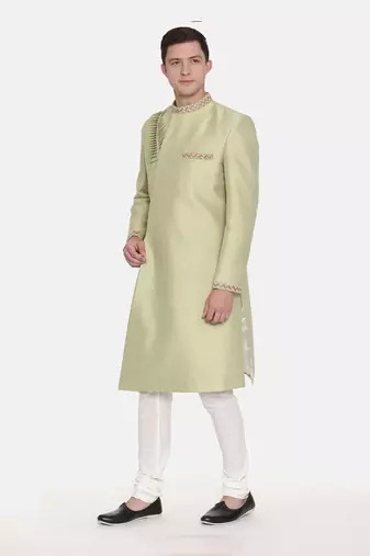 Pista Green Silk Pleated Sherwani