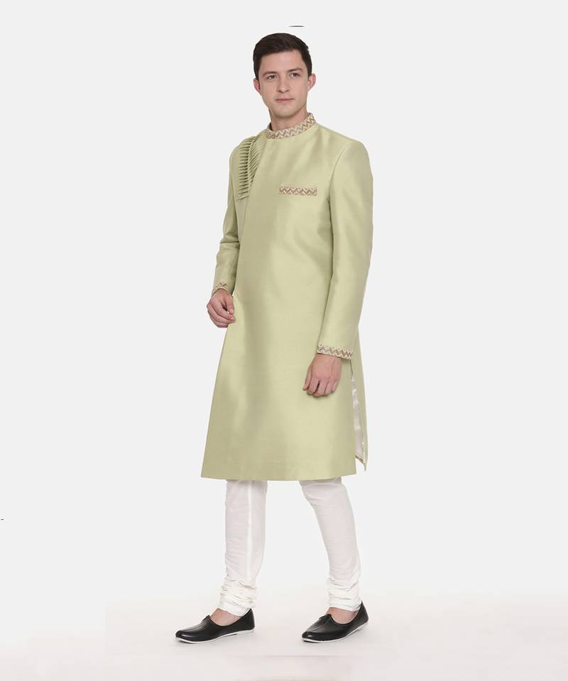 Pista Green Silk Pleated Sherwani