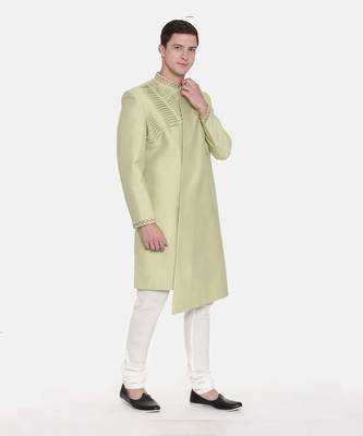 Pista Green Silk Pleated Sherwani 4