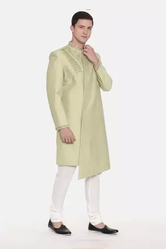 Pista Green Silk Pleated Sherwani