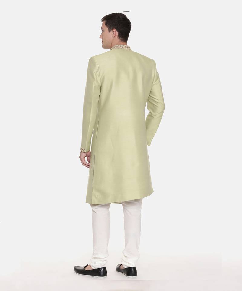 Pista Green Silk Pleated Sherwani