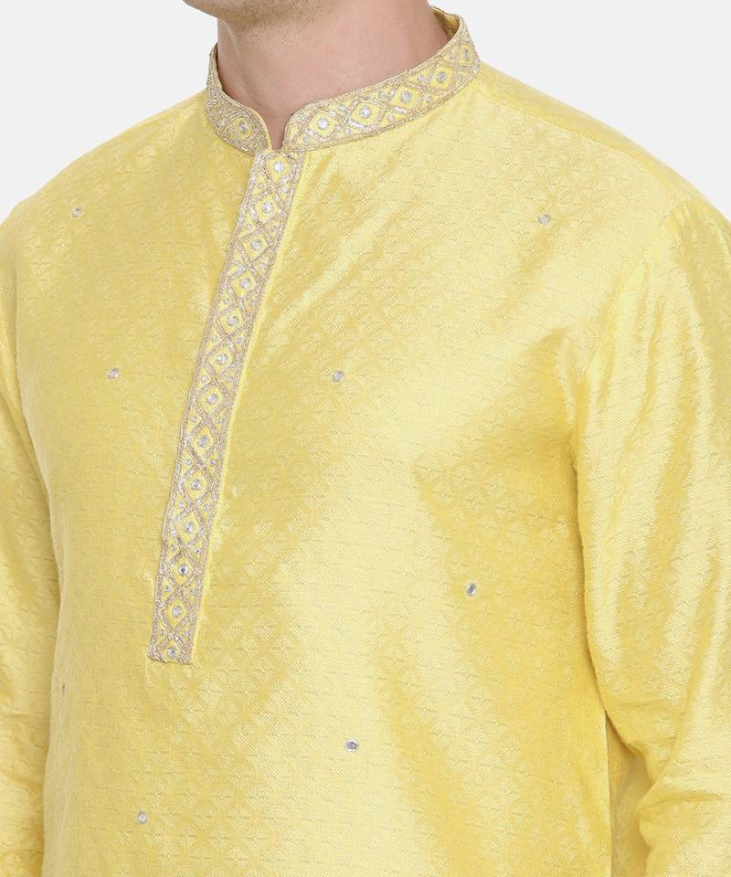 Yellow Silk Jaquard Kurta Set