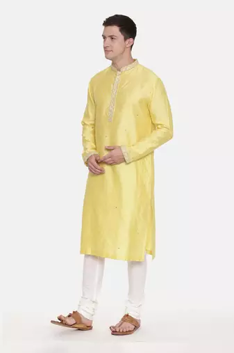 Yellow Silk Jaquard Kurta Set