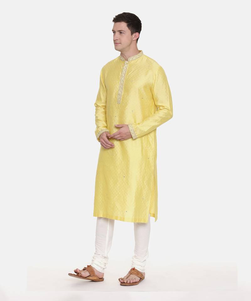 Yellow Silk Jaquard Kurta Set