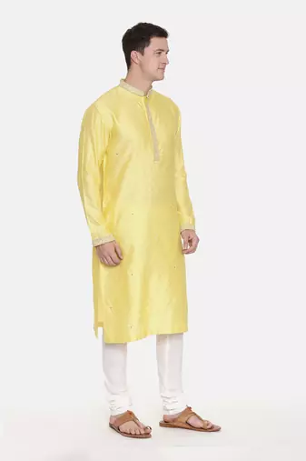 Yellow Silk Jaquard Kurta Set