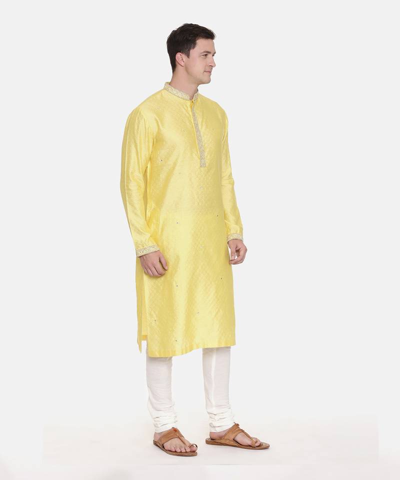 Yellow Silk Jaquard Kurta Set