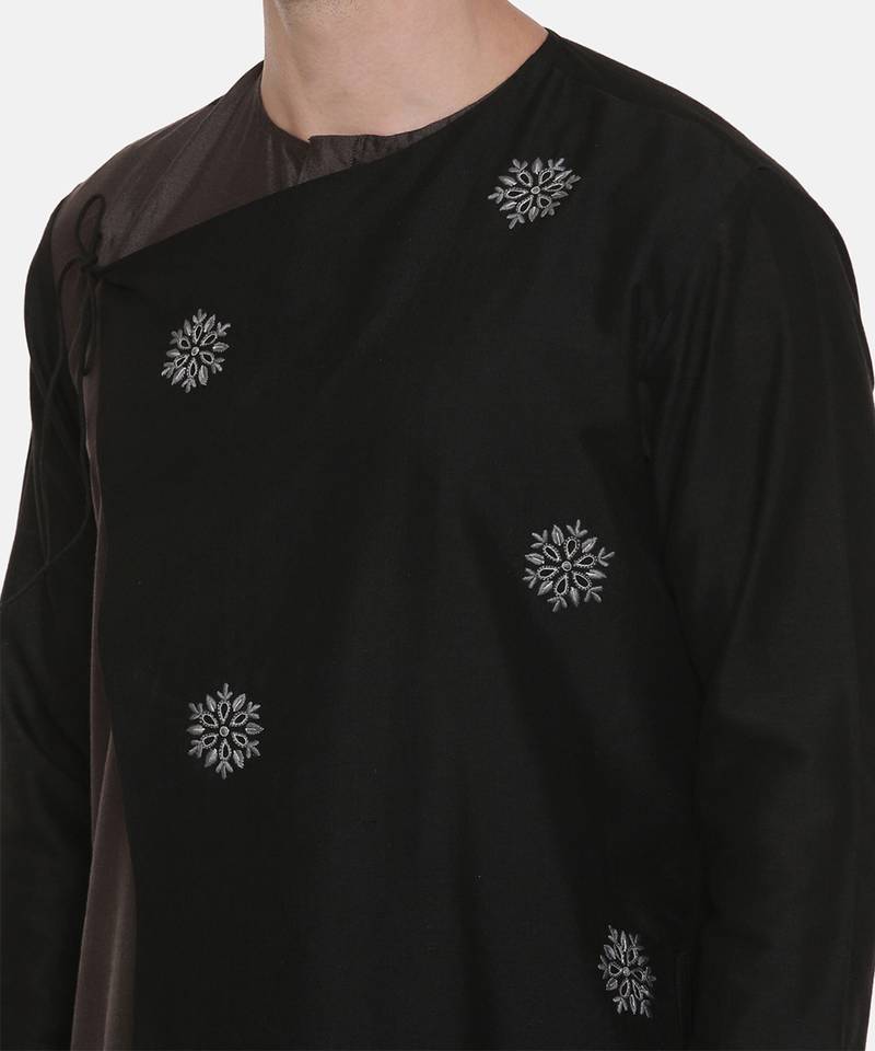Silk Black Grey Tie Up Kurta
