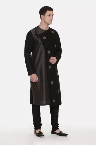 Silk Black Grey Tie Up Kurta