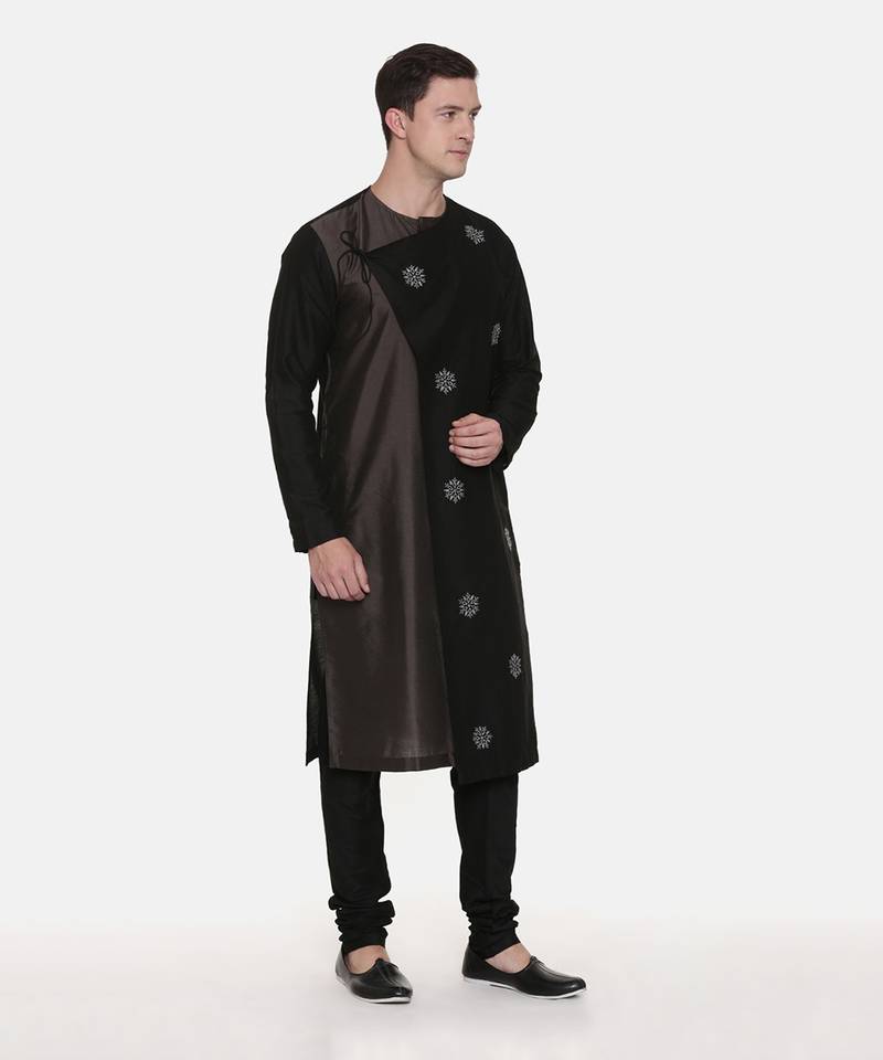 Silk Black Grey Tie Up Kurta