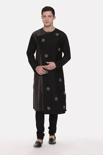 Silk Black Grey Tie Up Kurta