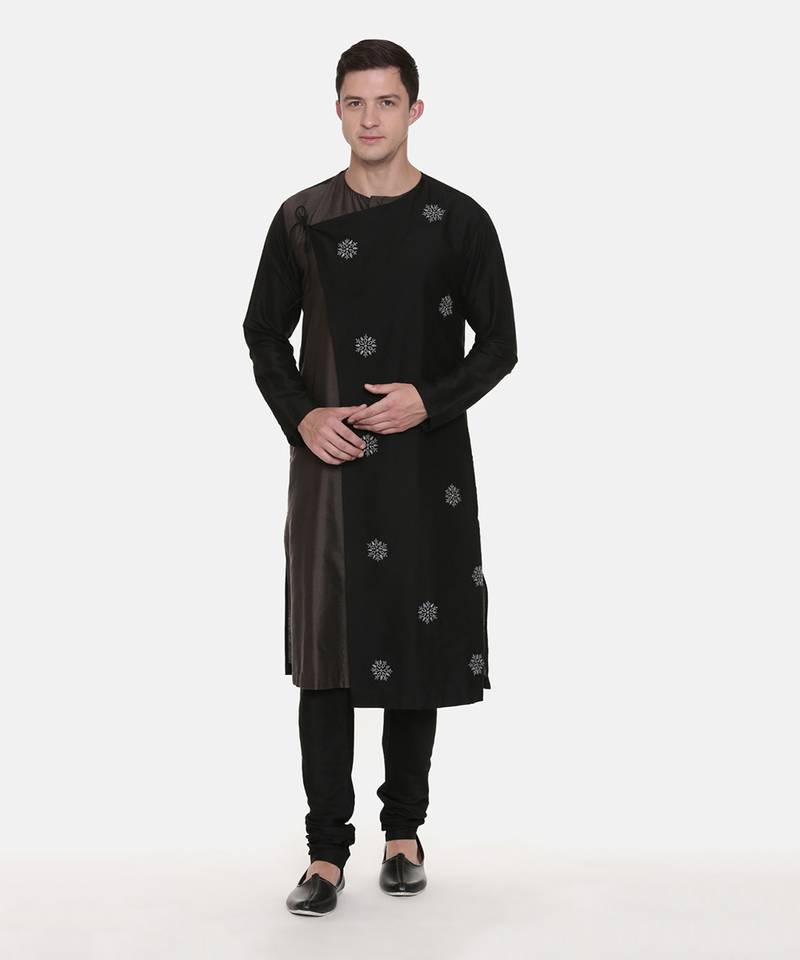 Silk Black Grey Tie Up Kurta