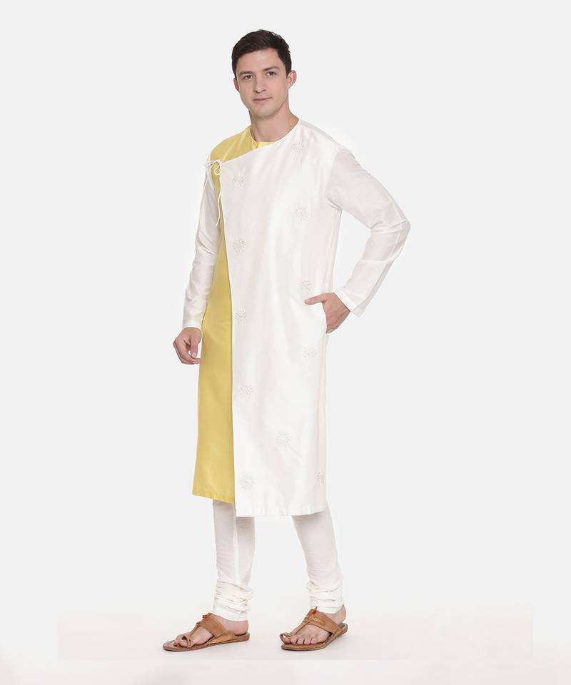 Silk Yellow Ivory Tie Up Kurta