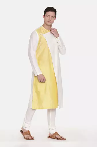 Silk Yellow Ivory Tie Up Kurta