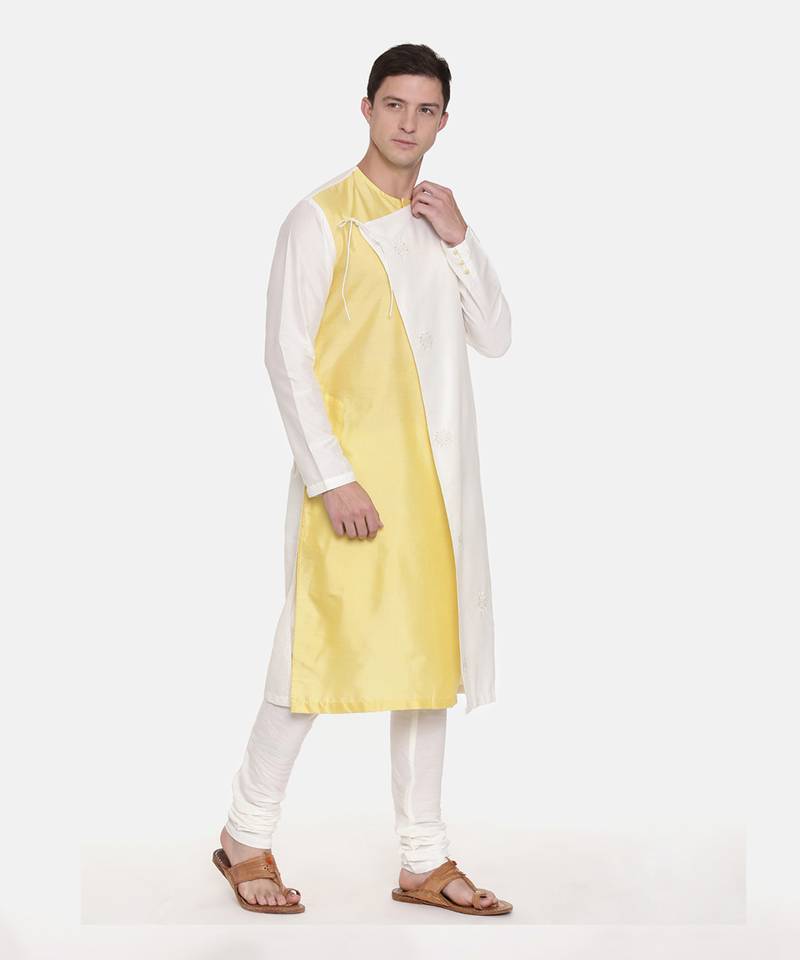 Silk Yellow Ivory Tie Up Kurta