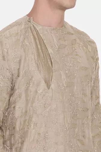 Brown Chanderi Embroidred Kurta Set