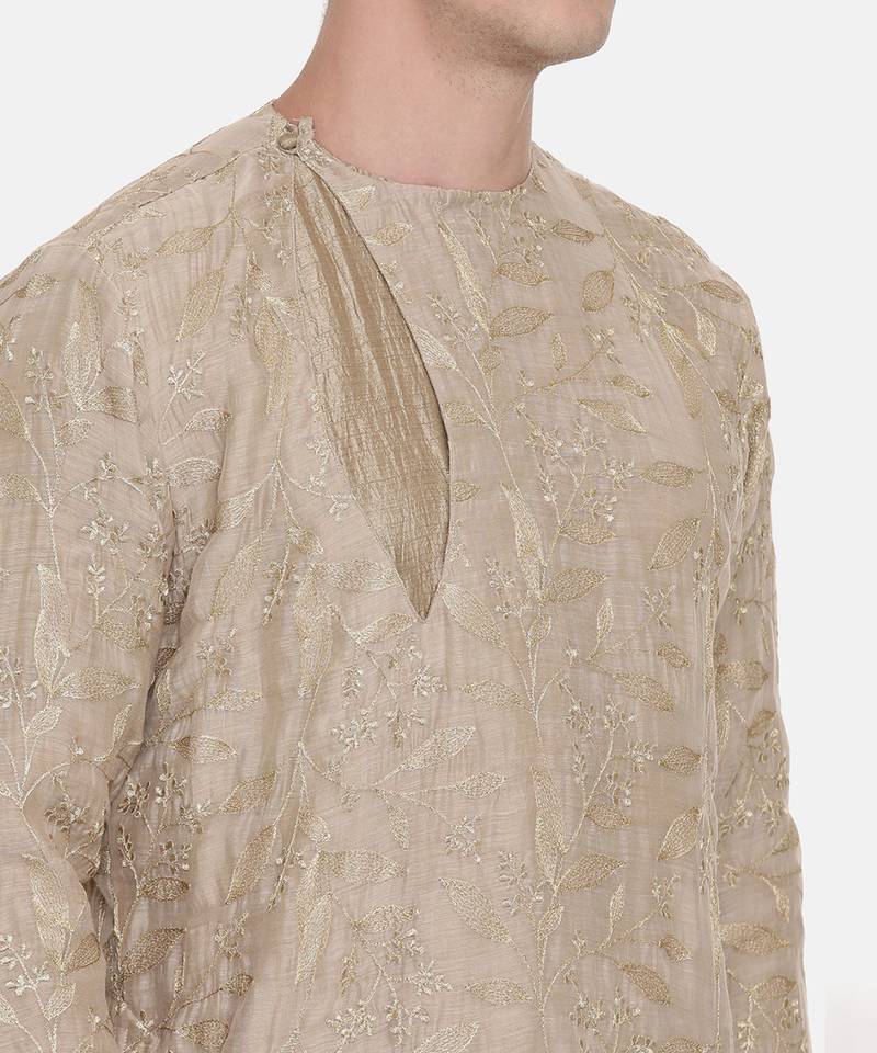 Brown Chanderi Embroidred Kurta Set