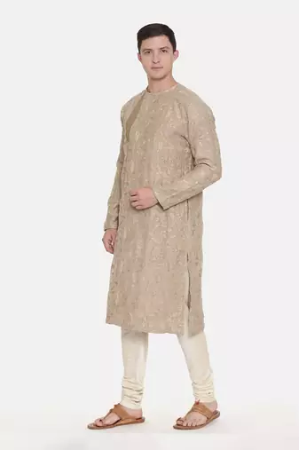 Brown Chanderi Embroidred Kurta Set