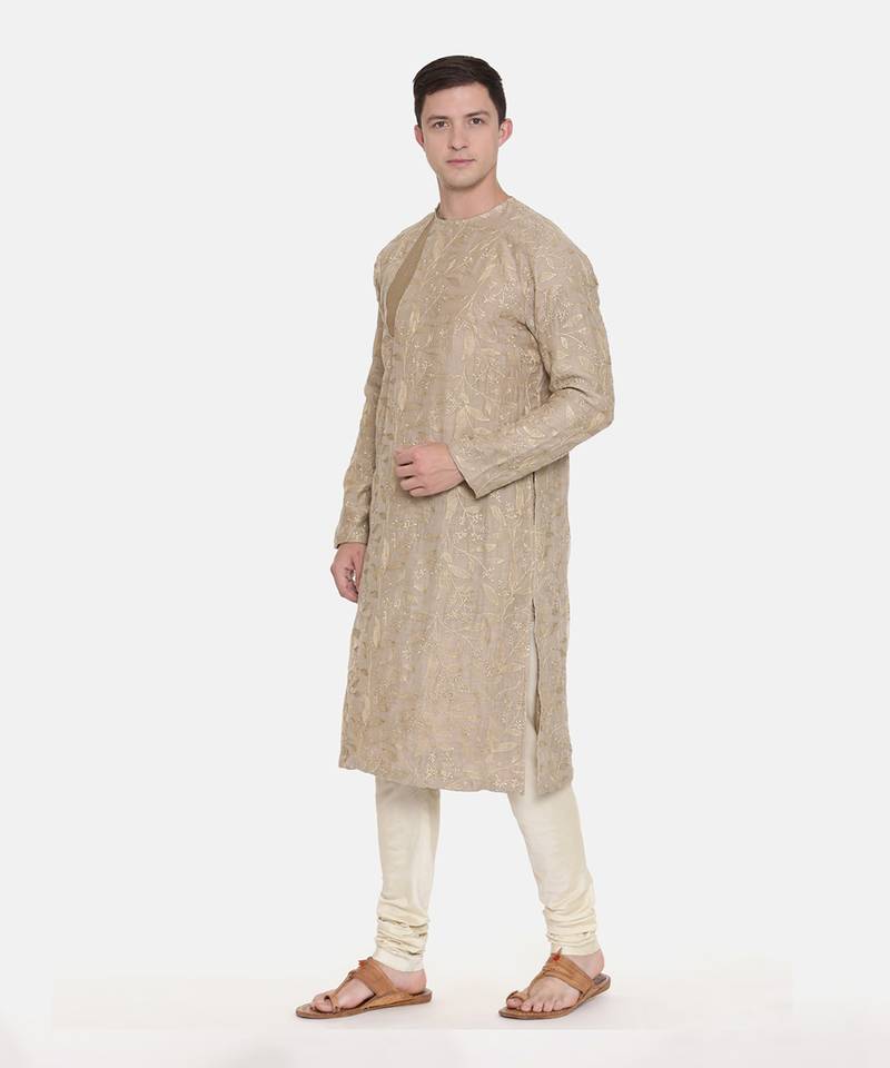 Brown Chanderi Embroidred Kurta Set