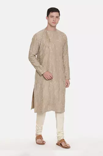 Brown Chanderi Embroidred Kurta Set