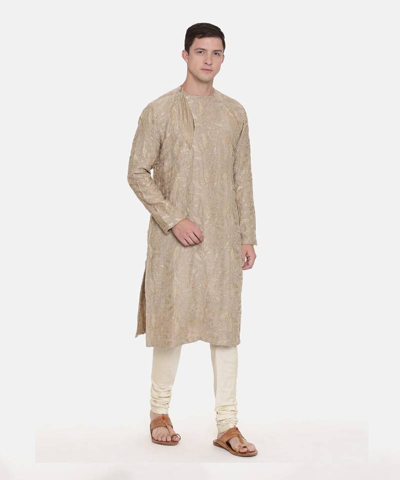 Brown Chanderi Embroidred Kurta Set