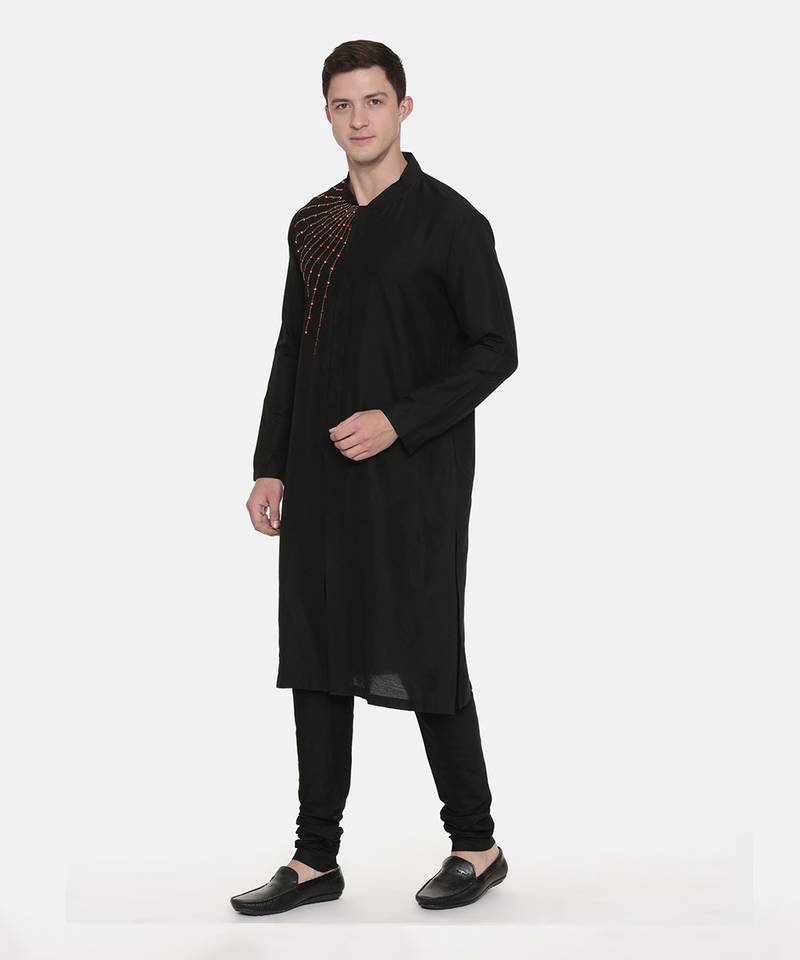 Silk Black Embroidred Kurta Set