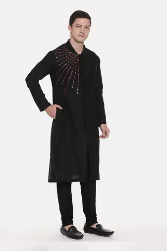Silk Black Embroidred Kurta Set