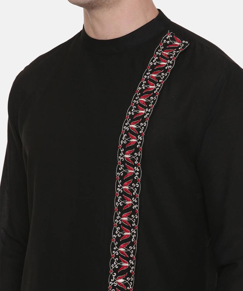 Black Silk Embroidered Kurta Set