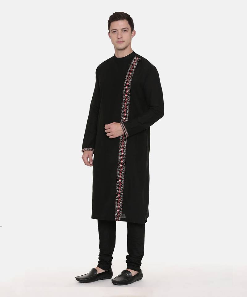 Black Silk Embroidered Kurta Set