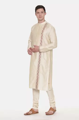 Beige Silk Embroidered Kurta Set