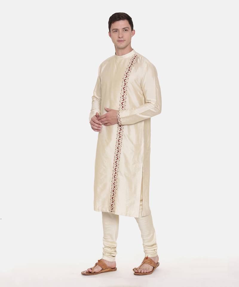 Beige Silk Embroidered Kurta Set