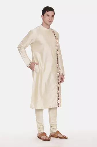 Beige Silk Embroidered Kurta Set