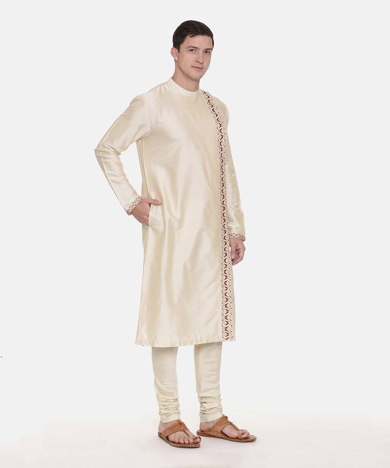 Beige Silk Embroidered Kurta Set